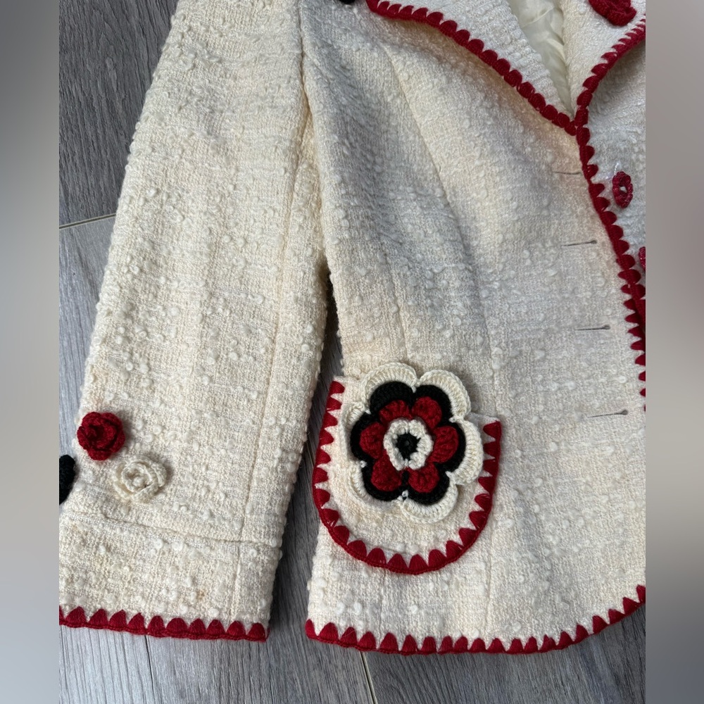 Escada Ivory and Scarlet Blazer with Crochet Floral Accent